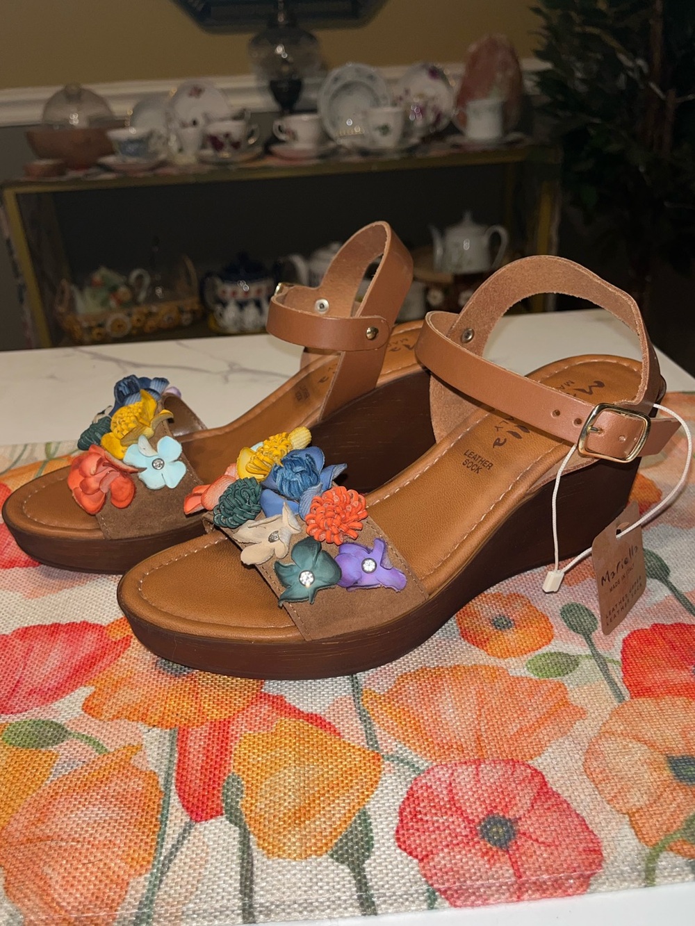 Mariella Genuine Leather Floral Wedge Sandals Size 9M